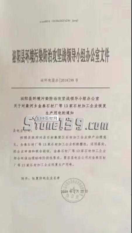 關(guān)于對象河鄉(xiāng)金泰石材廠等13家石材加工企業(yè)恢復(fù)生產(chǎn)用電的通知